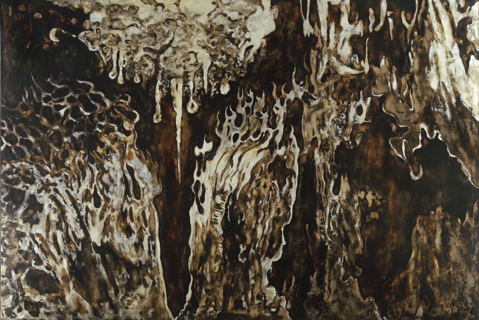 An abstract lacquer: pale eggshell and gold forms running like sap down a ground of near-black lacquer
