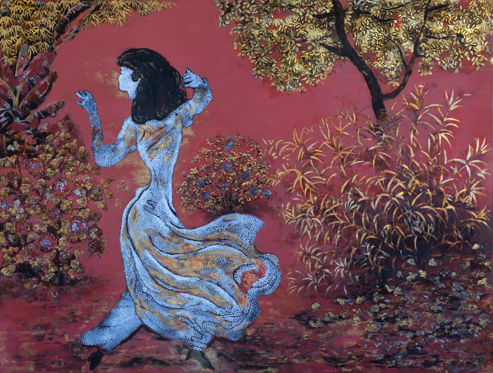 A woman in a pale áo dài stepping through a garden, her robe worked in eggshell and gold against a deep red lacquer ground