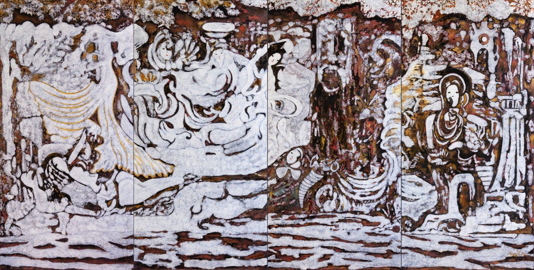 Celestial Dance by Nguyễn Gia Trí — a four-panel lacquer work in which pale eggshell figures drift across a ground of dark lacquer, russet and gold