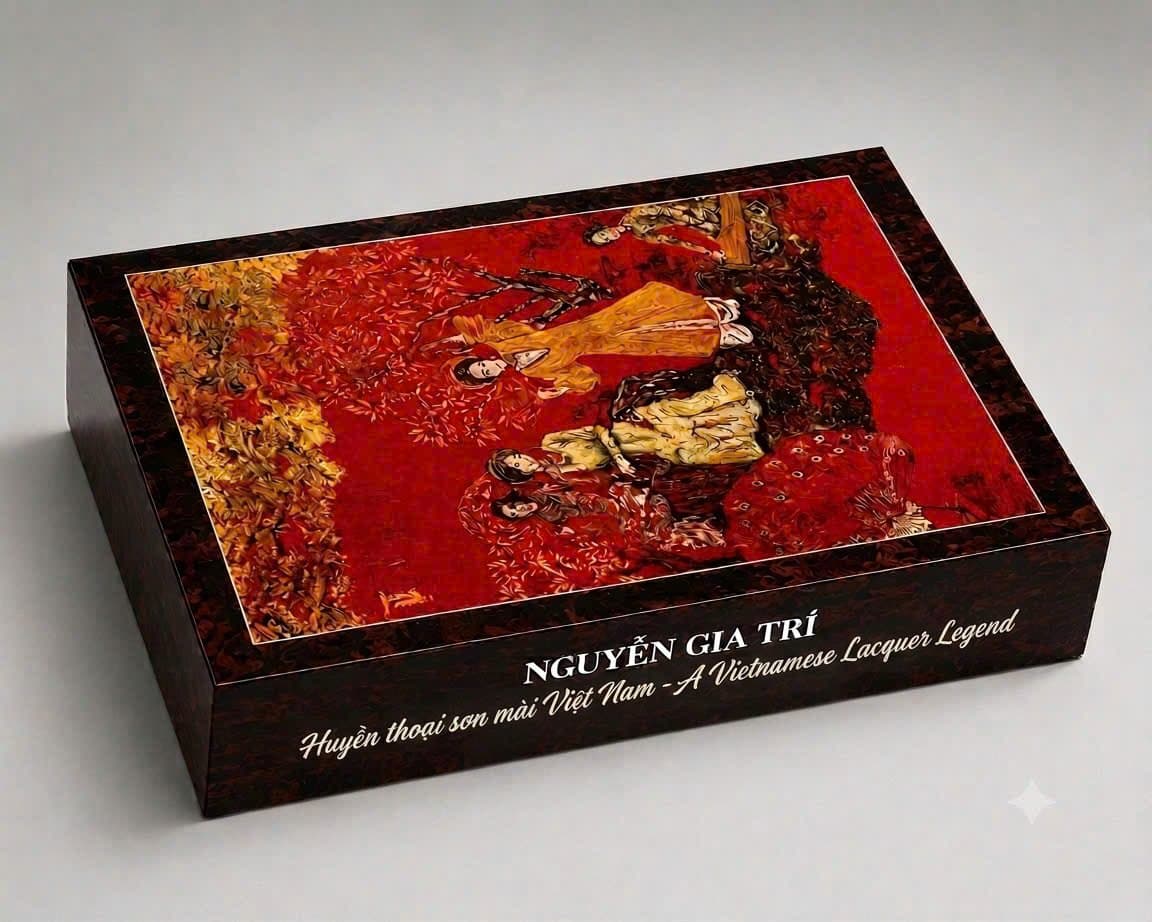 The Deluxe Edition box: a near-black lacquered case with a vermilion garden scene inlaid in the lid and the title engraved along its front edge