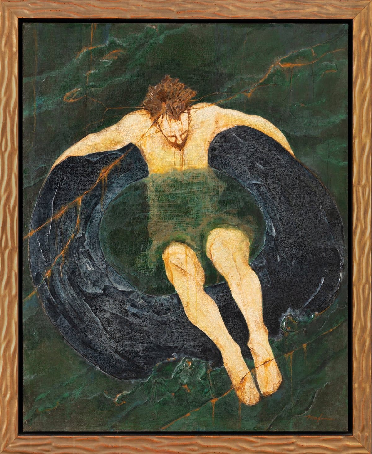 Drifting Away: seen from above, a figure lies face-down across a black inner tube on dark green water, arms outstretched and legs trailing behind