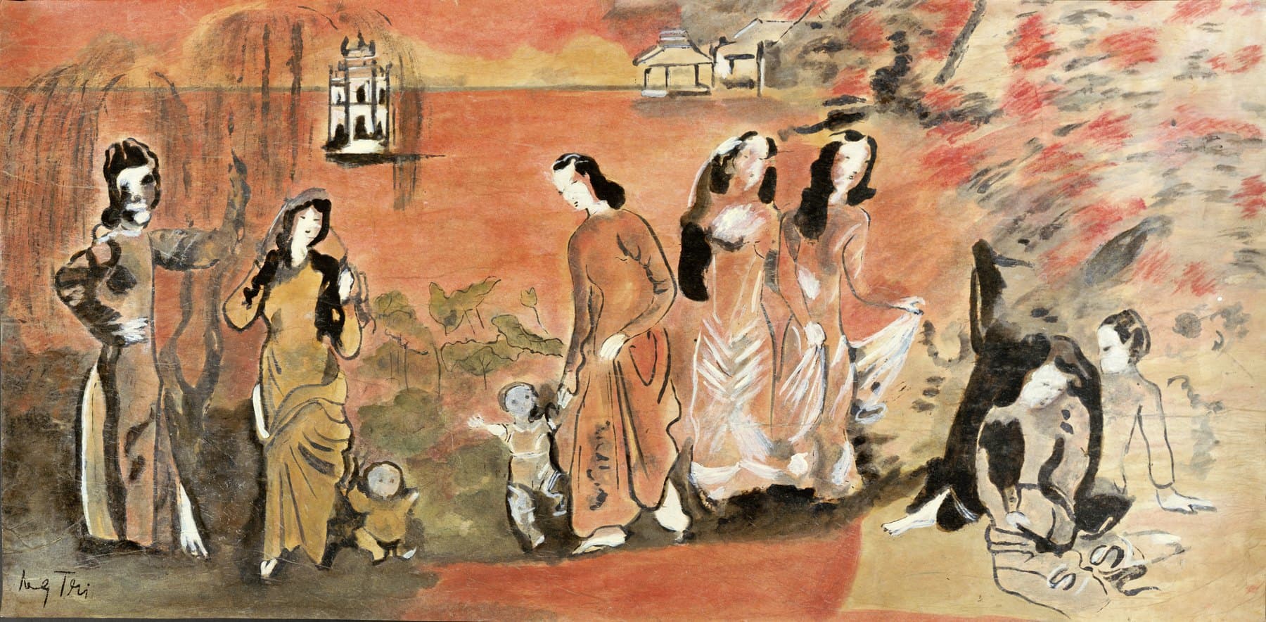 Young Women by Hoàn Kiếm Lake: women in áo dài walking with children along the shore, the Turtle Tower and a red-leafed tree behind them