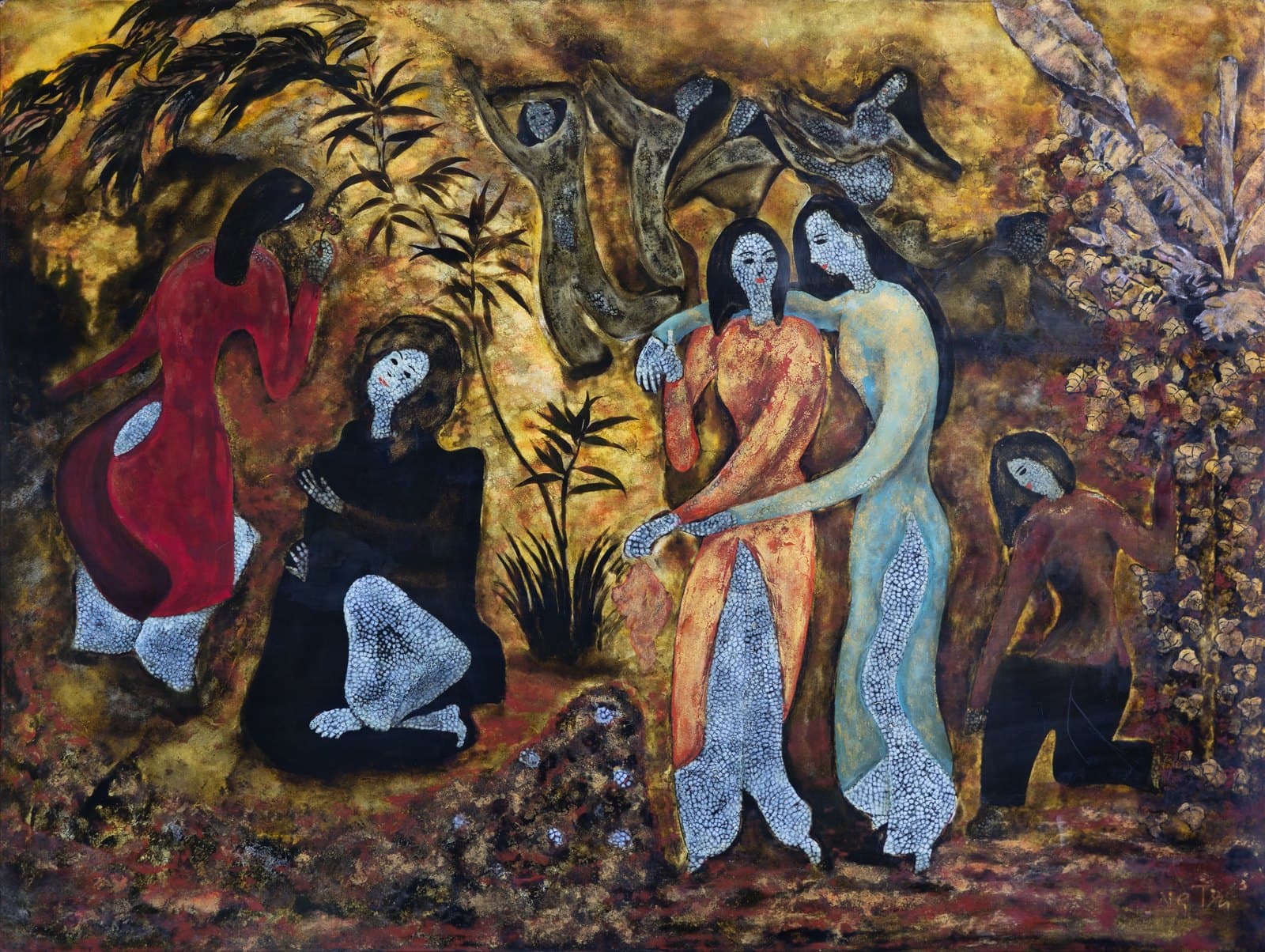 Young Women in the Spring Garden: women in red, black and pale blue robes gathered among foliage on a ground of gold and dark lacquer