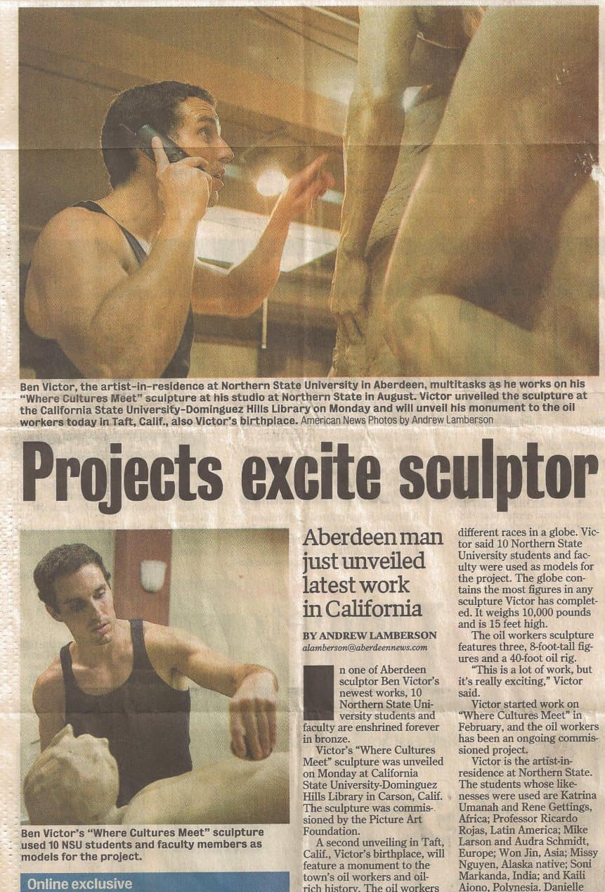 Newspaper page headed “Projects excite sculptor”, with photographs of Benjamin Victor at work in his studio