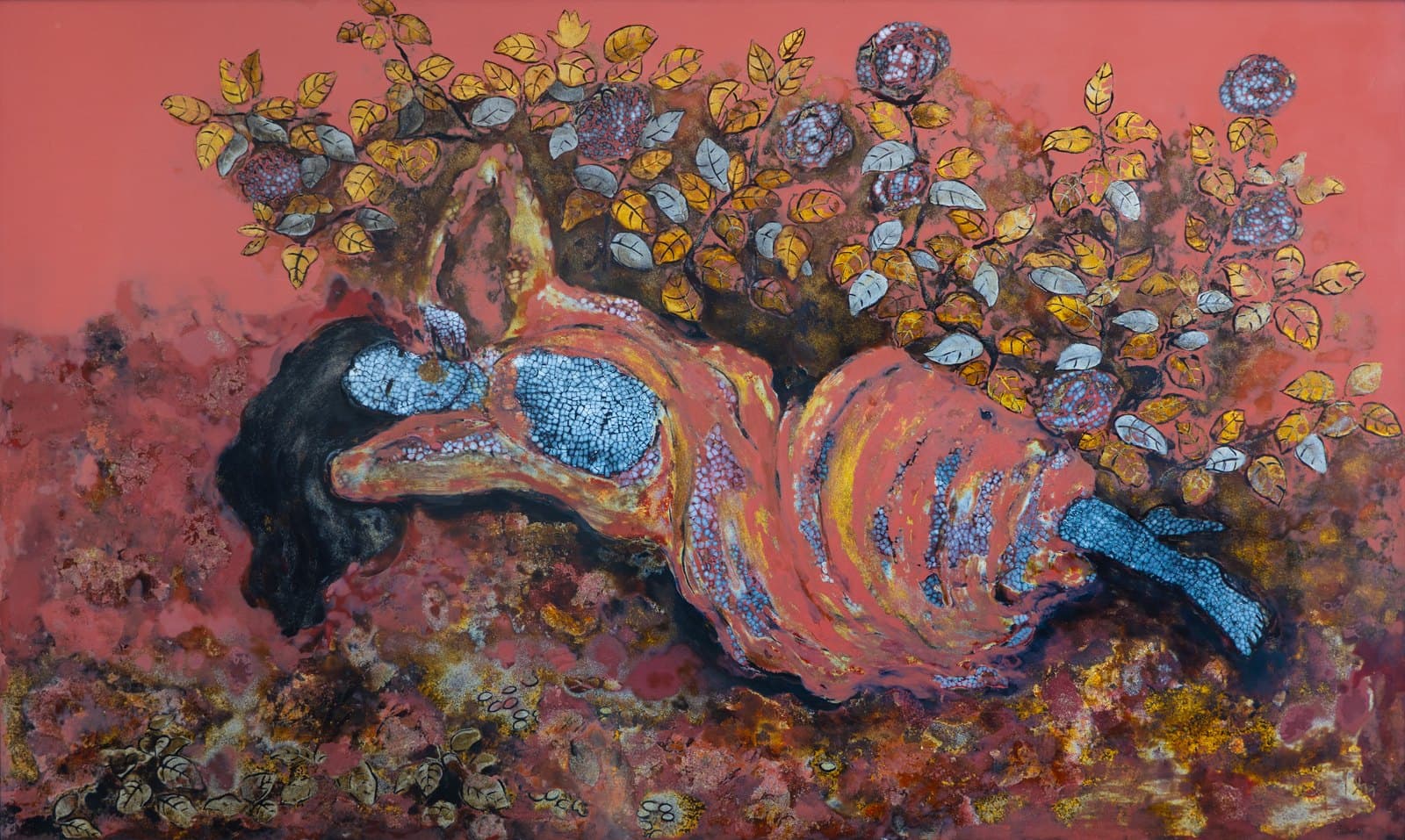 A reclining woman in a patterned robe among flowering branches, eggshell and gold leaves scattered across a coral lacquer ground