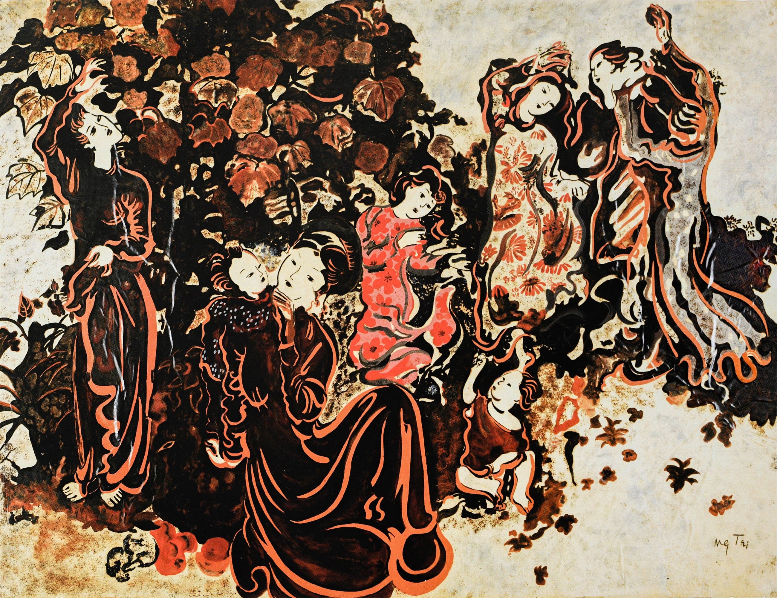 Young Women beside Hibiscus: six women and two children in flowing robes outlined in vermilion, gathered beneath hibiscus branches on a pale lacquer ground